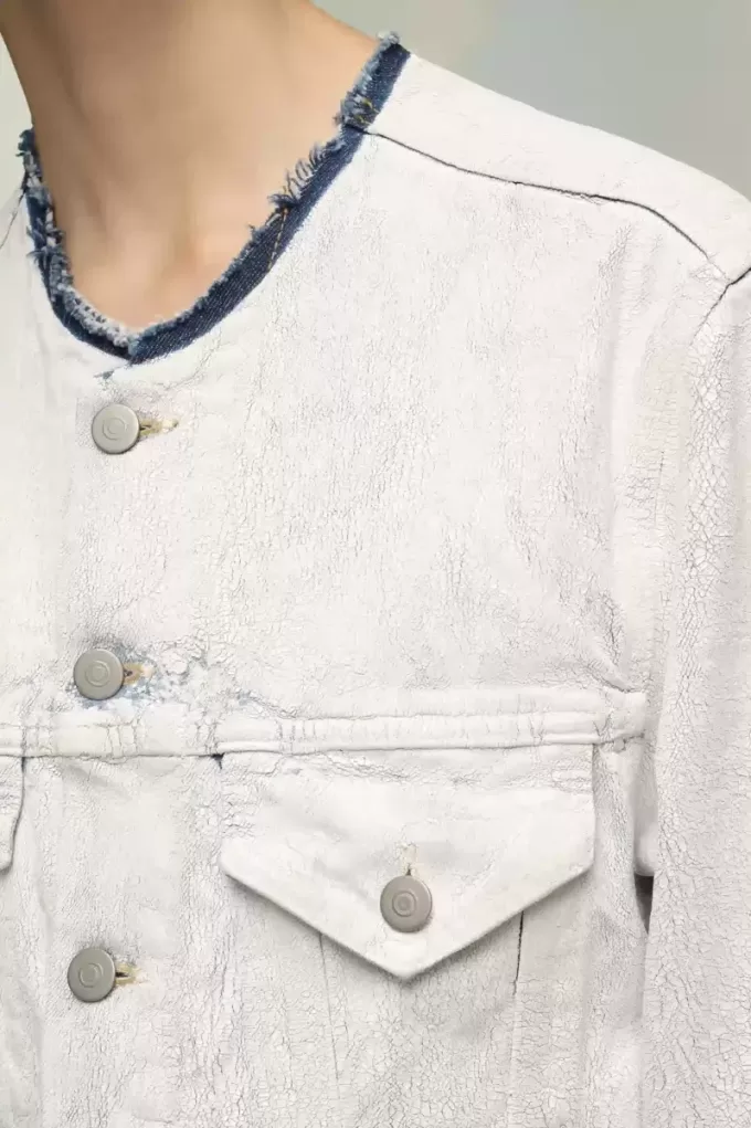 Jachetă de denim decupată fără guler Jachetă de denim decupată fără guler